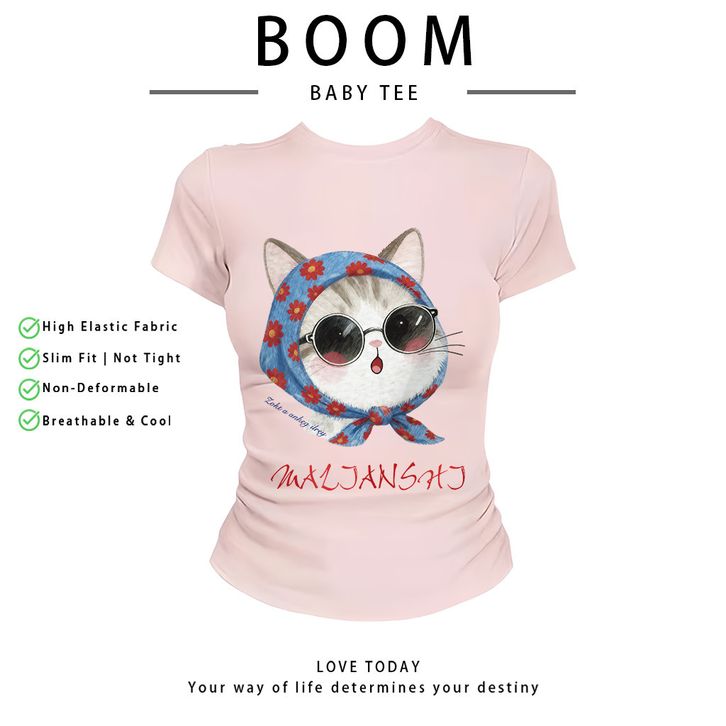 BOOM Áo Baby Tee Nữ Cotton Ôm Body-Áo Thun Ngắn Tay Y2K In Hình PhongCách Mùa Hè, Cổ Tròn Hàng Đầucách hàn quốc phongC37