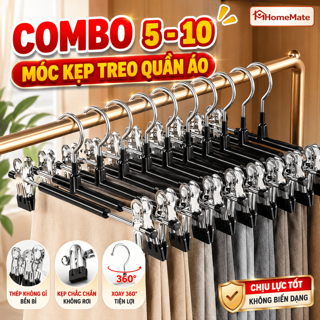 Combo 10 Móc Kẹp Quần Áo HomeMate Thép Không Gỉ – Móc Kẹp Quần, Váy, Tất Vớ Chống Trượt Đa Năng
