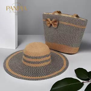 PNPIA-Bộ túi xách ống hút đi biển mùa hè dành cho nữ có mũ dệt phong cách Pháp Ví du lịch thời trang
