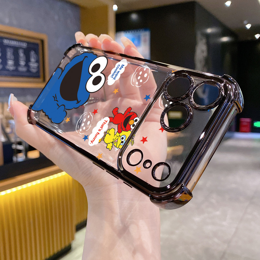 Tương thích với iPhone 17 16 15 Pro Max 14 Plus 13 12 11 XR XS Cookie Monster Elmo Vỏ mạ trong suốt Vỏ chống rơi
