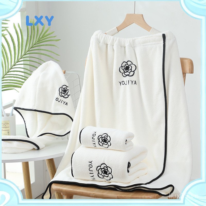 LXY Khăn Tắm Lông Cừu San Hô Bộ 4 Món Thấm Hút Nhanh Khô, Áo Choàng Gia Đình Phong Cách Camellia
