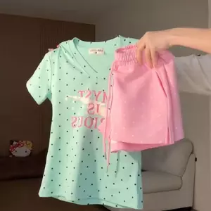 Bộ đồ ngắn tay chấm bi phong cách Preppy dành cho nữ mùa hè Dopamine Hot Girl Áo thun + Quần Short thông thường