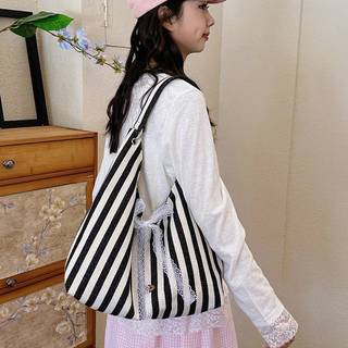 Strongaroetrtomj Túi vải Hobo sọc nữ có nơ ren Túi đeo vai Tote có thể đảo ngược Dung tích lớn cho bãi biển du lịch VN