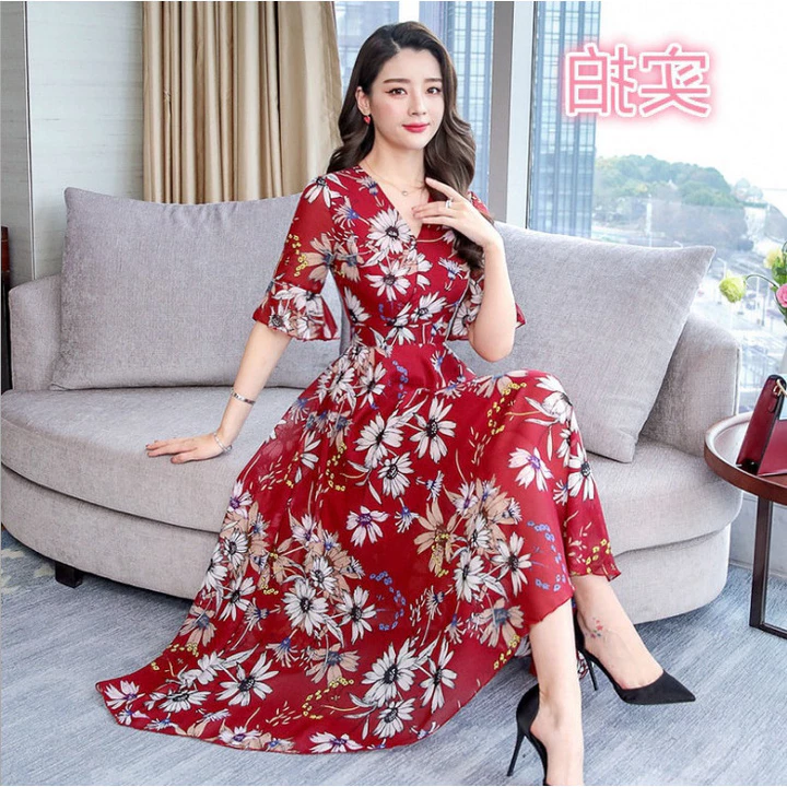 Váy dài qua gối họa tiết hoa mùa hè dành cho nữ, váy in họa tiết, váy ngắn tay cổ chữ V dài vừa phải, váy chữ A tay chuô