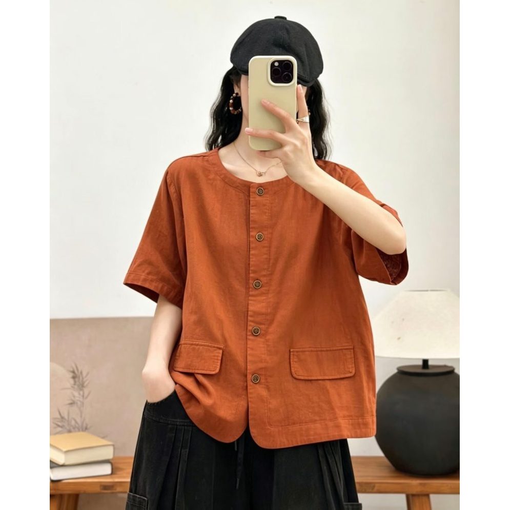 Áo Sơ Mi Nữ Cổ Đứng Tay Ngắn Màu Trơn Sợi Cotton Cao Cấp Túi Lớn