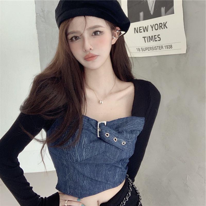 Ngọt Cay Khâu Denim Dài Tay Giả Hai Mảnh Đáy Áo Sơ Mi Nữ Mùa Thu Thiết Kế Niche Pure Desire Ngắn Top