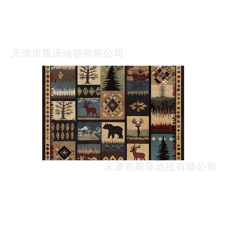 Thảm trải sàn nhung phong cách vintage Họa tiết ô vuông voi & hoa Dùng cho phòng khách, khu vực sofa – bàn trà Có thể giặt nước