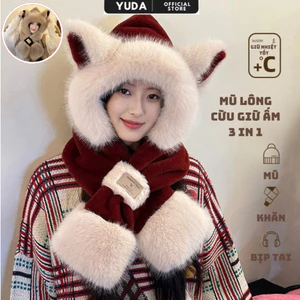 Mũ len nữ lông cừu dễ thương mũ len nữ trùm đầu kèm khăn quàng cổ giữ ấm thời trang