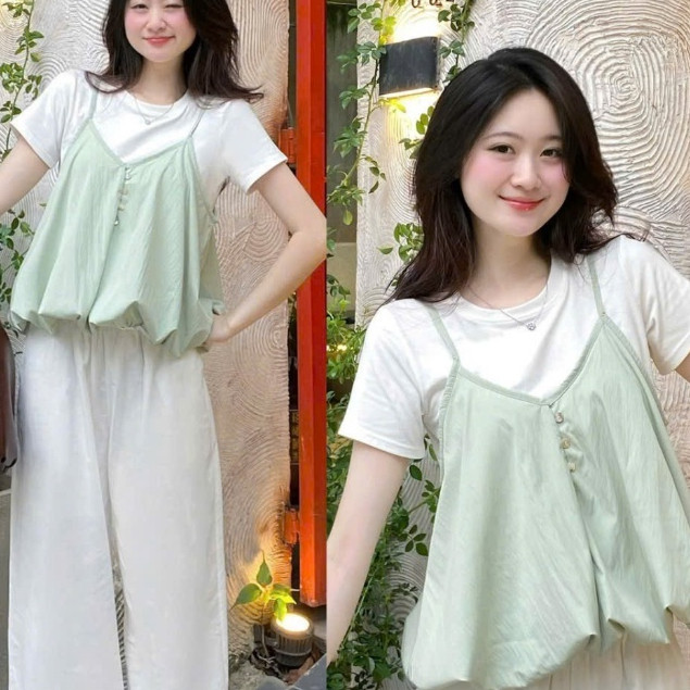Set Yếm Nữ 2 Dây Dáng Bí Cúc Dọc Kèm Áo Thun Trơn (Có Bán Lẻ Yếm) Kenco clothing M3807 Thời Trang Nữ