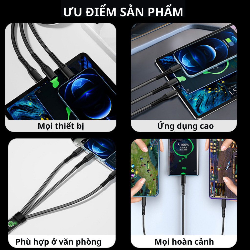 Dây cáp sạc siêu nhanh 3 đầu 100W  Micro USB Type C 3 trong 1 dây cáp dữ liệu