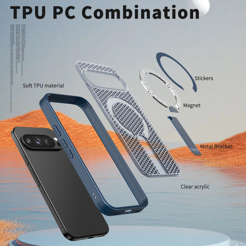Ốp điện thoại có giá đỡ thẳng đứng bằng kim loại cho Google PIXEL 10 9 PRO XL 9A Vỏ kết cấu tản nhiệt 3D từ tính