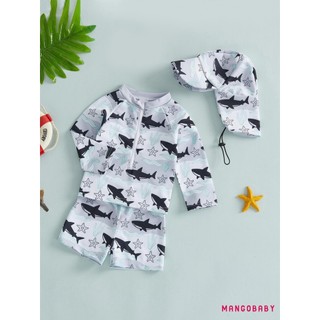 MG-Toddler Baby Boy Rash Guard Đồ bơi 3 chiếc Bộ in hình Zip Up Đồ bơi dài tay Áo quần short và mũ