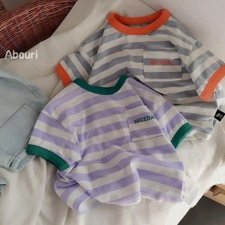Trẻ Em Slub Cotton Thoải Mái Thoáng Khí Sọc Ngắn Tay Bé Trai Màu Sắc Tương Phản Nửa Tay Top Mùa Hè Bé Gái Đáy Áo Sơ Mi