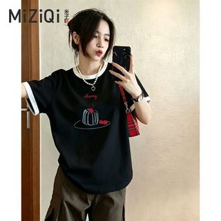 [MIZIQI] Áo thun ngắn tay Cotton nguyên chất màu tương phản dành cho nữ, Áo thun nữ dáng rộng thon gọn hơn