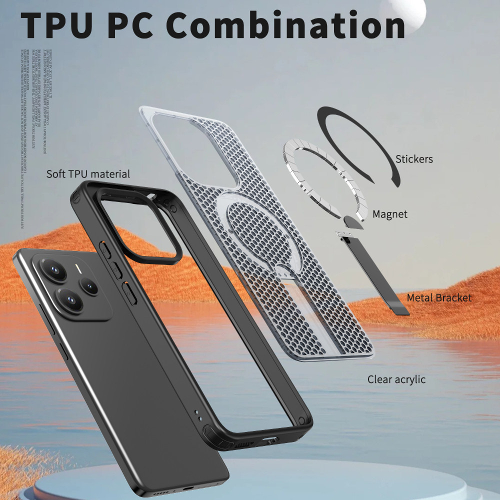Ốp điện thoại có giá đỡ thẳng đứng bằng kim loại có kết cấu tản nhiệt 3D cho Redmi Note 14 13 12R PRO PROPLUS A5 14C 13X 13 12 Turbo4 4G 5G Vỏ từ tính