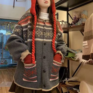 Áo len retro jacquard vải mềm mại sáp không khí, thời trang thu đông, ấm áp
