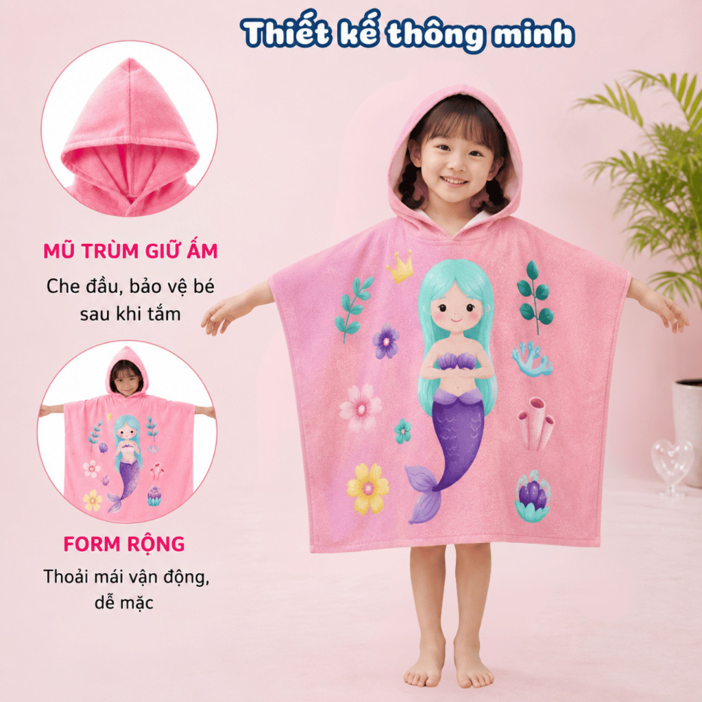 Áo Choàng Tắm Cho Bé Họa Tiết Hoạt Hình Richouse, Khăn Tắm Có Mũ Trùm Mềm Mịn Khô Nhanh