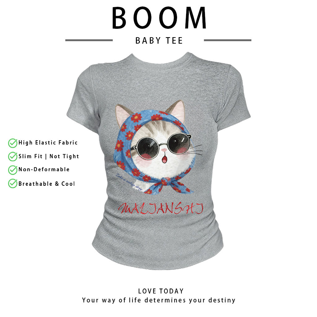 BOOM Áo Baby Tee Nữ Cotton Ôm Body-Áo Thun Ngắn Tay Y2K In Hình PhongCách Mùa Hè, Cổ Tròn Hàng Đầucách hàn quốc phongC37