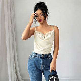 Nova-Áo tank top không tay phối ren satin dành cho nữ, cổ chữ V, dáng ôm, thời trang và gợi cảm.