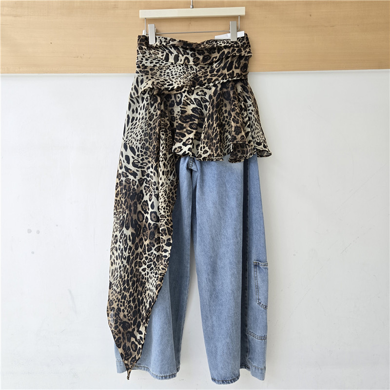 2026 Xuân Thu Thiết Kế Sense Niche Giải Cấu Trúc Da Báo Khâu Váy Denim Nữ Hot Girl Streamer Màu Sắc Tương Phản Rộng-Le
