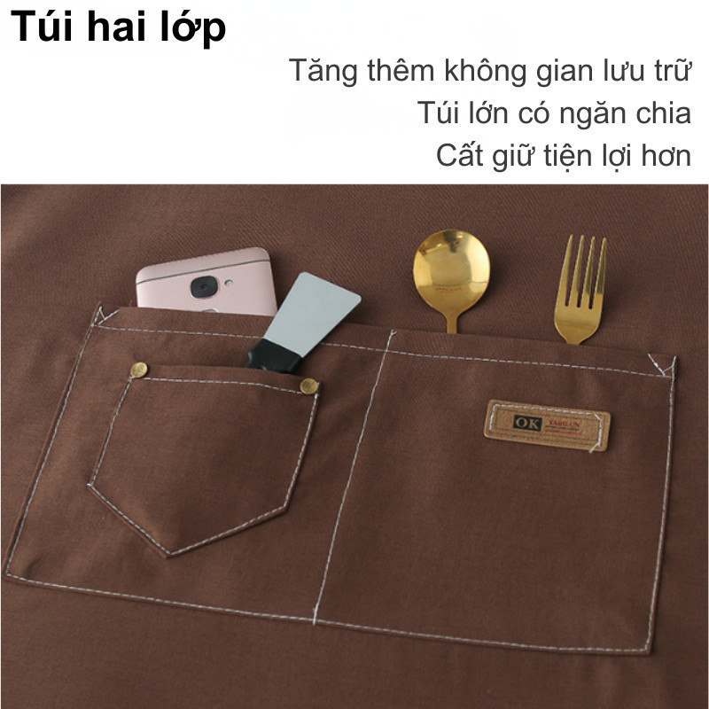 Tạp dề denim cotton, họa tiết dễ thương, thiết kế túi lớn, chống thấm nước, bền và chống dầu