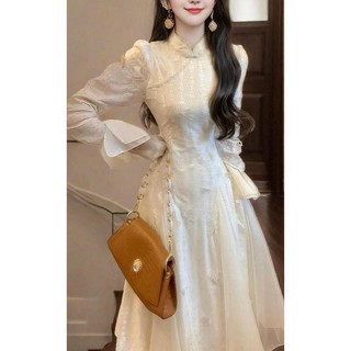 [Pre-Order]-Váy Sườn Xám Hình Bướm Ba Chiều mẫu mới  Mùa Thu Và Mùa Đông Mẫu Mới Màu Trắng Tiêu