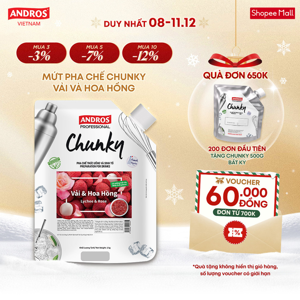 Mứt Pha Chế Vải & Hoa hồng - Có miếng trái cây thật - Nguyên liệu pha chế - ANDROS CHUNKY - 1kg