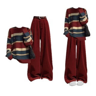 [Pre-Order]-Set 2 Món Thu Đông Phong Cách Hàn Quốc Áo Len Sọc Form Rộng Kết Hợp Quần Nhung Tăm Ống Rộng hàng quảng châu