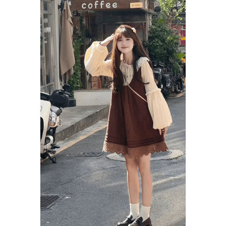 [Pre-Order]-Áo Sơ Mi Cổ Búp Bê Thắt Dây Phối Váy Yếm Rộng Rãi Thời Trang Mùa Thu Cho Nữ 2025