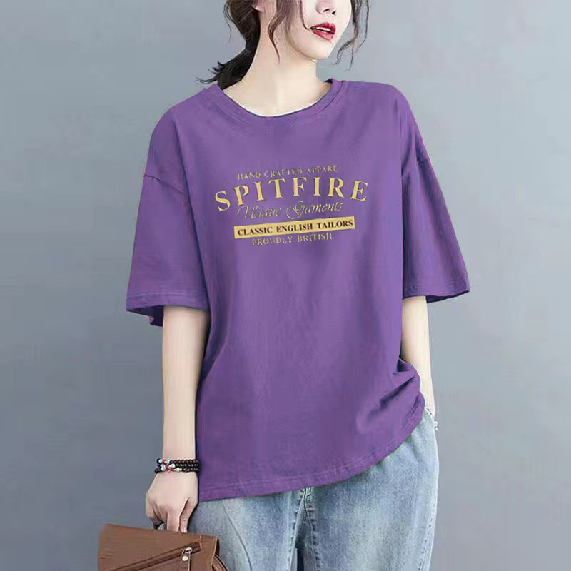 Áo thun bông cotton ngắn tay dành cho nữ, thiết kế cổ tròn dáng rộng, thời trang mùa hè