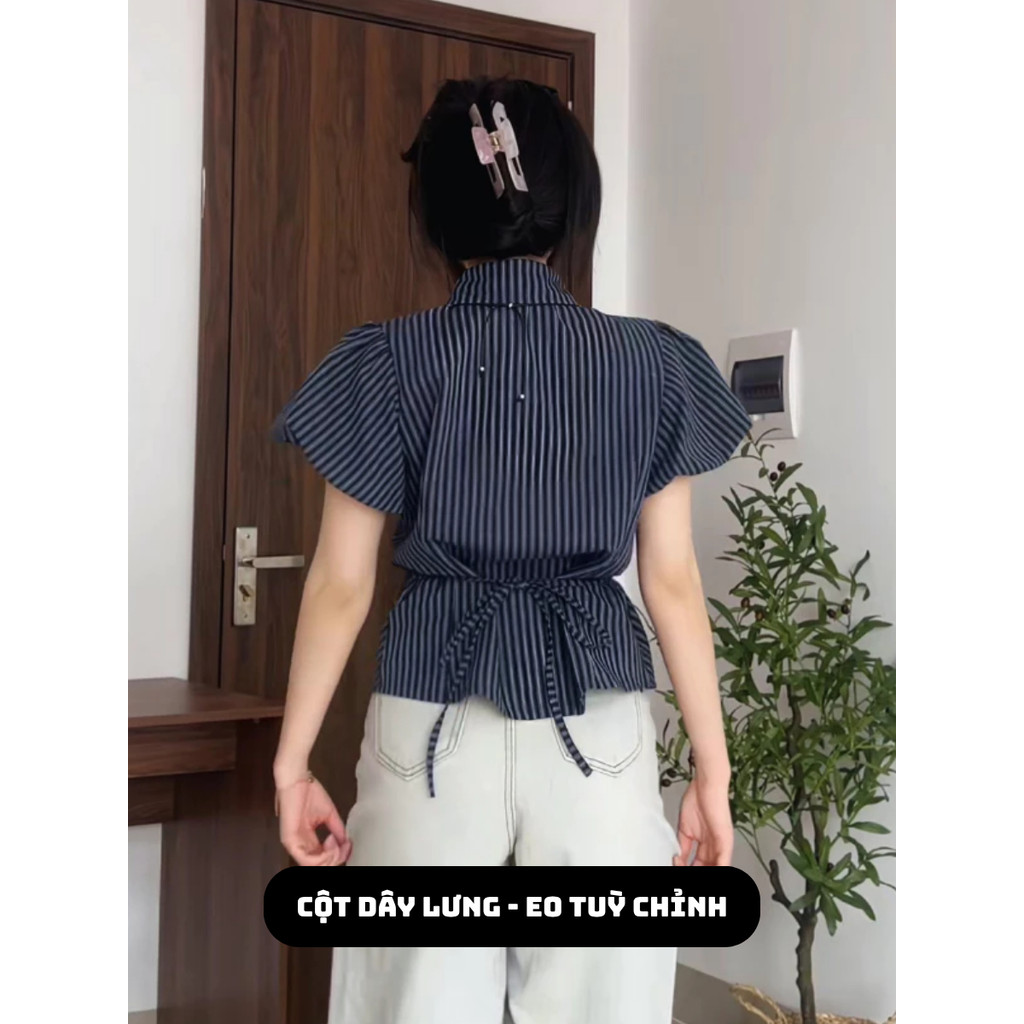 Áo Sơ Mi Kẻ Sọc 📷 𝐁𝐲 𝐒𝐡𝐞𝐭𝐢𝐬 Kiểu tay Bồng Phối Dây Buộc Chiết Eo, Sơ Mi Nữ Kẻ Kiểu Vintage_A532,A604