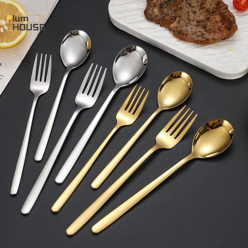 PlumHOUSE 2 Chiếc Thép Không Gỉ Vàng Bạc Nĩa Thìa Nĩa Thìa Cách Nhiệt Tay Cầm Dài Khuấy Thìa Tráng Miệng Dùng Nhà Bếp Hàng Ngày VN