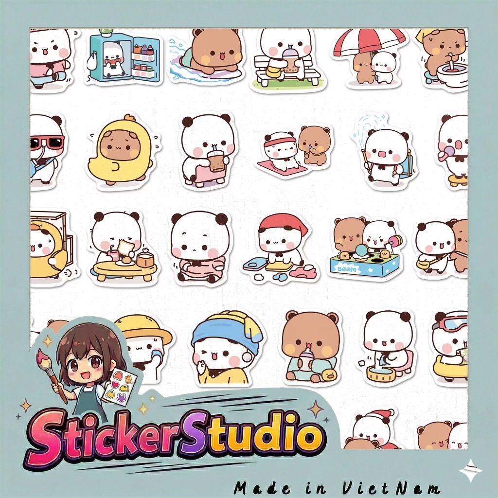 sticker bé gấu nâu trắng
