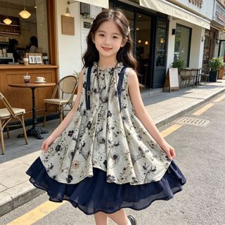 Đầm hè cho bé gái – Váy công chúa không tay, họa tiết hoa vintage, phong cách Hàn Quốc, thoáng mát
