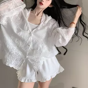 Áo sơ mi dáng rộng phong cách lười biếng-Trắng công nghiệp nặng móc ren có mũ trùm đầu Áo sơ mi chống nắng nữ mùa hè