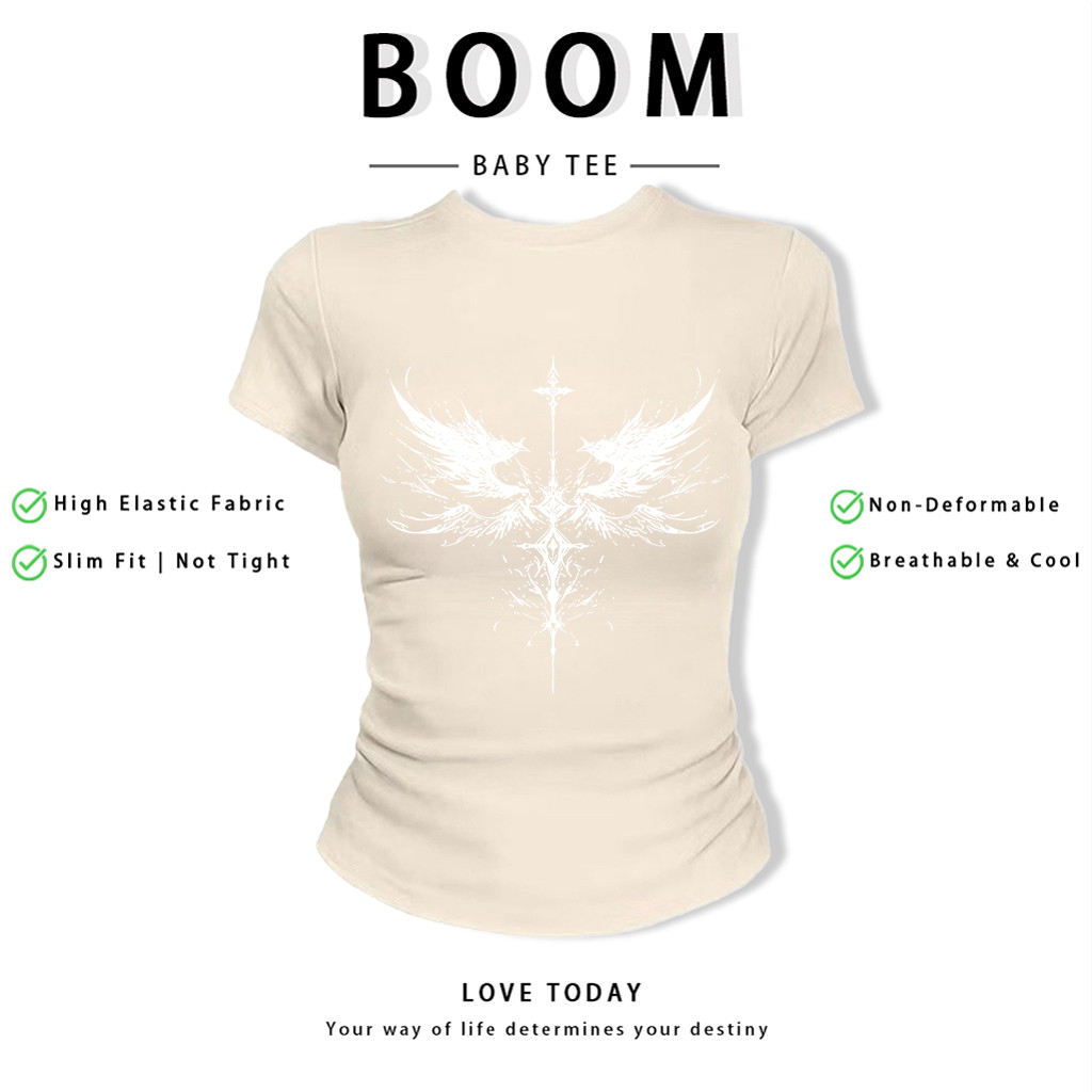 BOOM Áo Baby Tee Nữ Cotton Ôm Body-Áo Thun Ngắn Tay Y2K In Hình PhongCách Mùa Hè, Cổ Tròn Hàng Đầucách hàn quốc phongU16