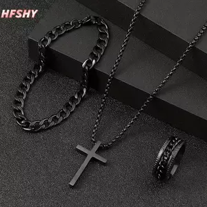 HFSHY 3 Punk Chữ Thập Mặt Dây Chuyền Nelace Vòng Tay Dây Xích Vòng Nam Bộ Đơn Giản Cá Tính Hip Hop Đảng Phụ Kiện Trang Sức VN