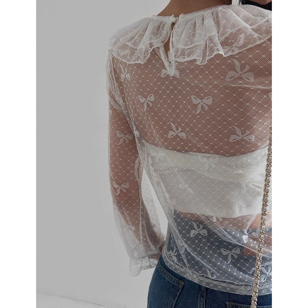 Milyfashion Rời Ren Dài Tay Đáy Nơ Mùa Thu Cổ Đôi