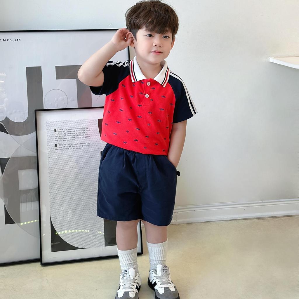 Bộ quần áo POLO TAY RAGLAN IN OTO ĐỎ CHO BÉ TRAI,  Bộ quần áo chất POLO thoải mái cho bé
