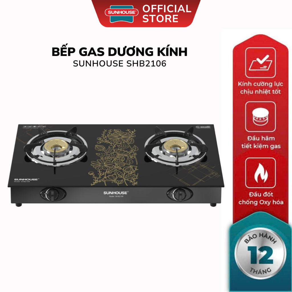 Bếp Gas Đôi Dương Kính Sunhouse SHB2106 - Bảo Hành 12 Tháng, Bếp Tạo Tia Lửa Nhanh, Dễ Vệ Sinh