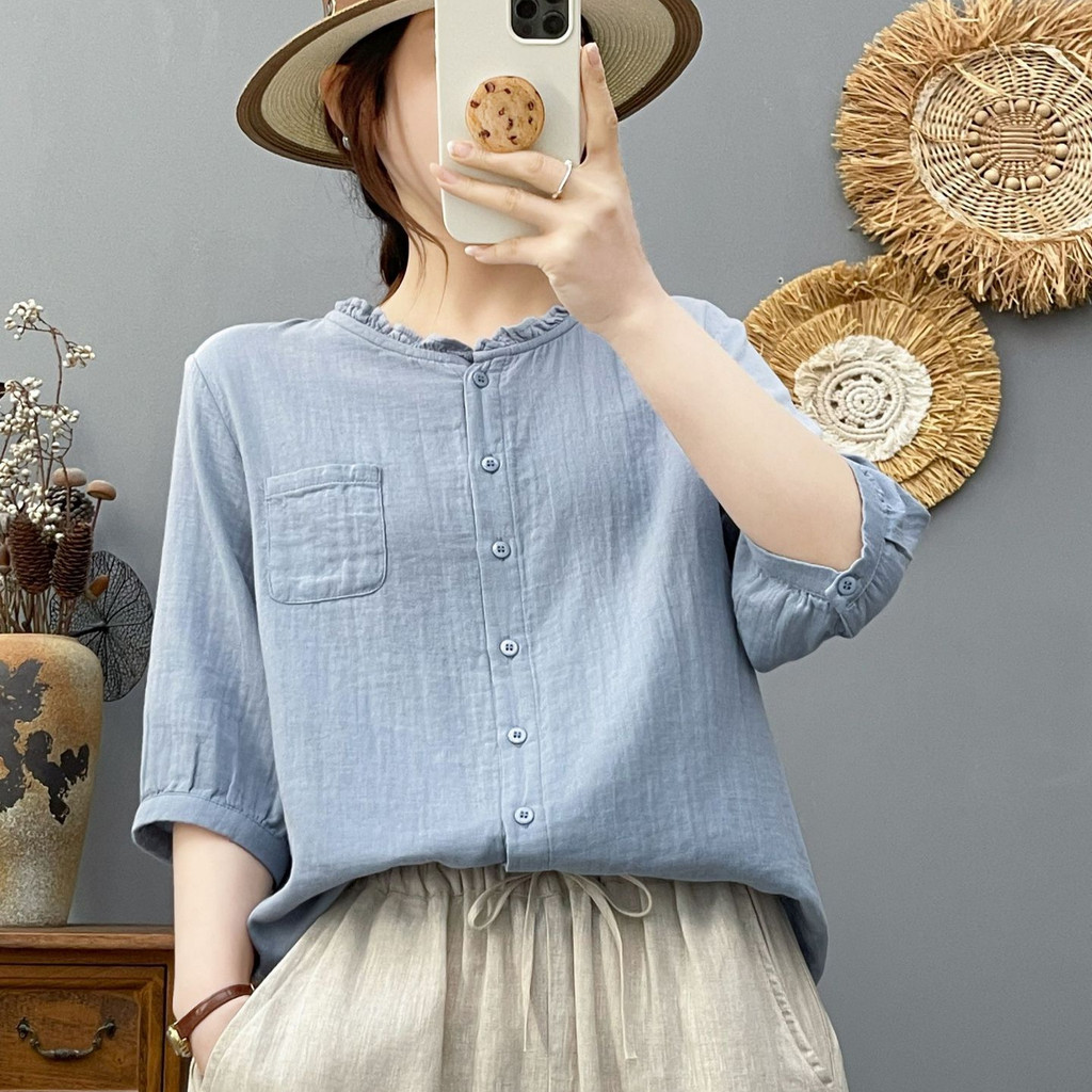 [Hàng có sẵn] Áo sơ mi nữ chất liệu 100% Cotton mềm mại, cổ ren đơn giản, tay vừa, màu trơn