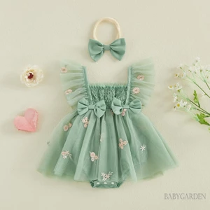 Trang phục mùa hè cho bé gái Trang phục thêu hoa Bộ áo liền quần vải tuyn + Băng đô nơ