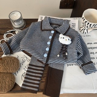 Phiên Bản Hàn Quốc Quần Áo Trẻ Em 2025 Phong Cách Mới Mùa Thu Bé Gái Sọc Dệt Kim Cardigan, Quần Legging Len Trẻ Em Hai Mảnh Bộ