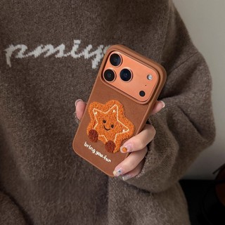 Dễ Thương Màu Nâu Sang Trọng Thêu Nụ Cười Ngôi Sao Nhỏ Flannel Vải Bóng Wrsit Dây Da Vỏ Điện Thoại Cho iPhone 17Promax 13 14 15 16 Pro Max Sweet Girly Vỏ Di Động