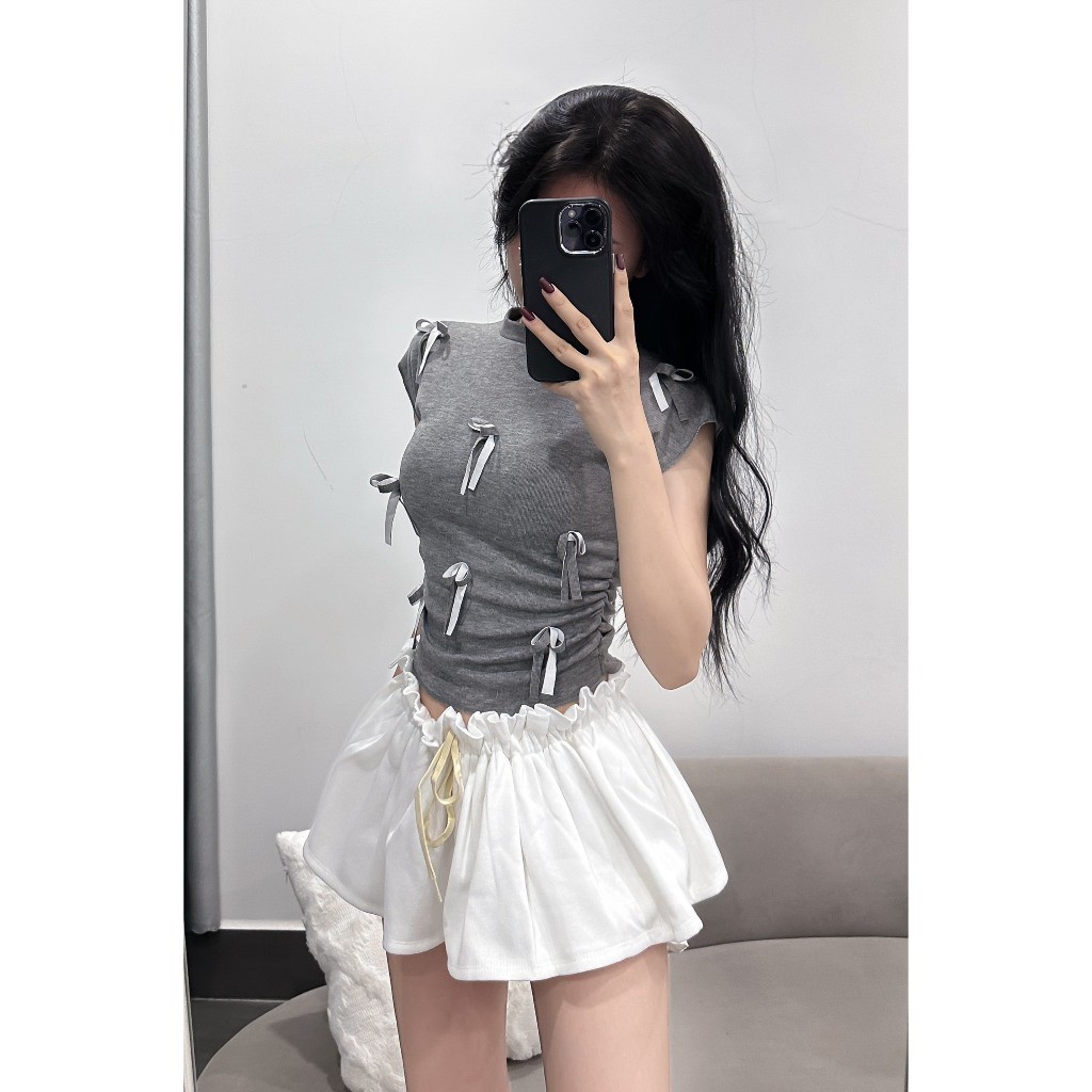 Áo thun nữ cổ tròn đính nơ tay hến phong cách Hàn Quốc chất thun co dãn ôm body