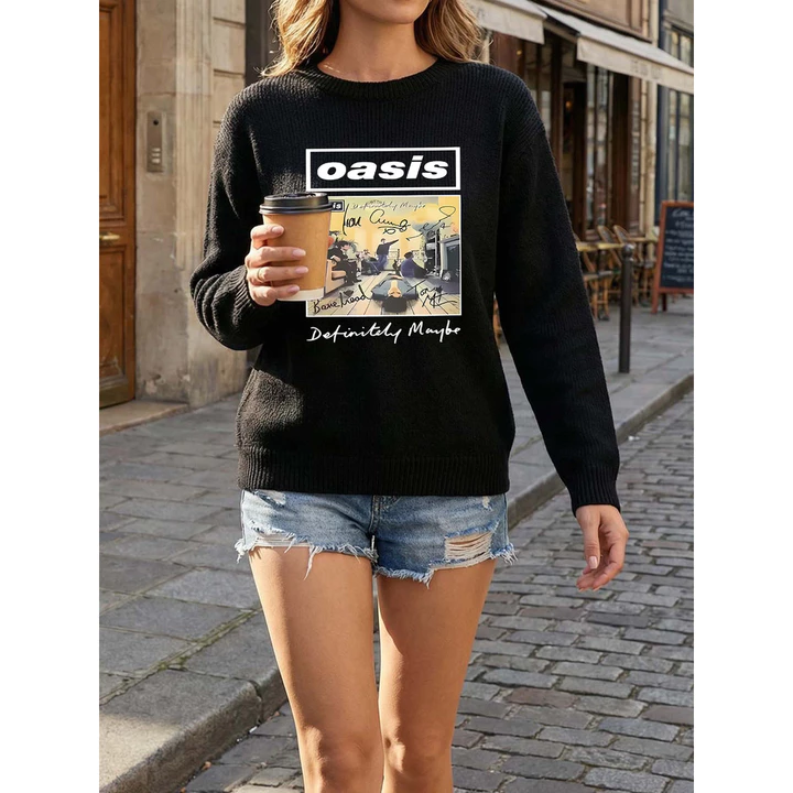 Ban nhạc Oasis < Chắc chắn có thể > Bìa Album Áo len dệt kim cổ tròn in chữ ký, Áo len dài tay mùa thu đông dành cho nữ, Áo len nữ thần phù hợp, Áo len nữ phong cách mới phong cách cổ điển theo đuổi n