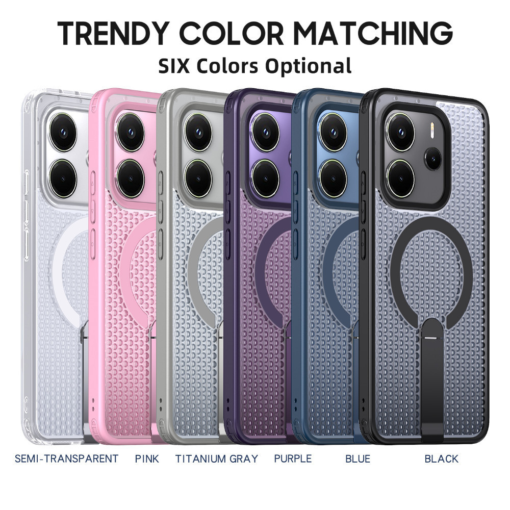 Ốp điện thoại có giá đỡ thẳng đứng bằng kim loại có kết cấu tản nhiệt 3D cho Redmi Note 14 13 12R PRO PROPLUS A5 14C 13X 13 12 Turbo4 4G 5G Vỏ từ tính