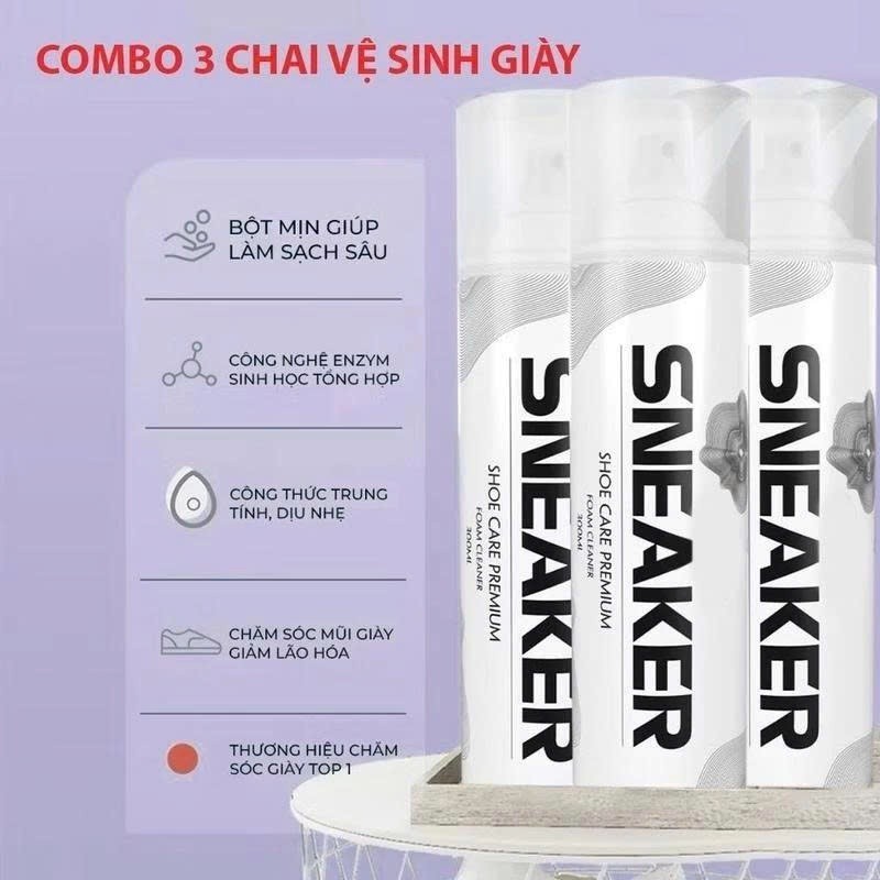 Combo 3 Chai Xịt Vệ Sinh Giày Sneaker Cao Cấp -Bình Xịt Bọt Tuyết Giặt Khô Giày, Khử Mùi Bảo Vệ Giày