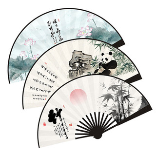 Quạt gấu trúc gấp tre, vải lụa hoa sen, phong cách Trung Hoa, hai mặt, di động học sinh, 25.11.26