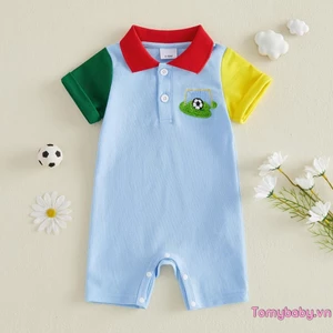 Bộ áo liền quần ngắn tay thêu bóng đá mùa hè cho bé trai thường ngày